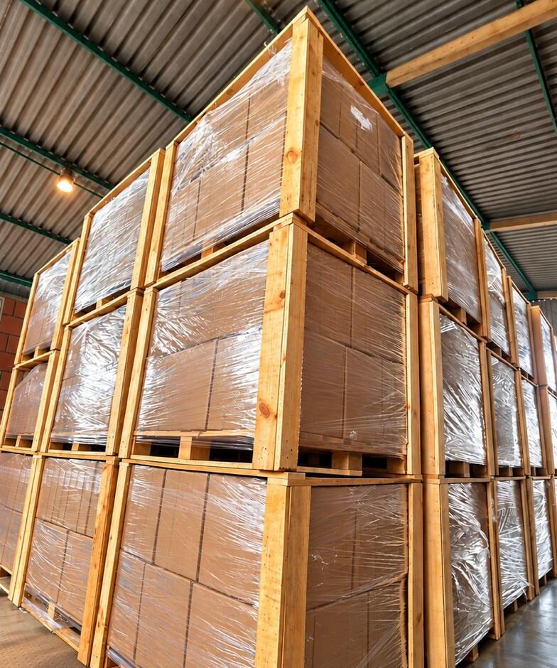 Paletes com mercadorias embaladas no galpão de armazenagem